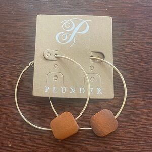 Plunder Hoop Earrings. Large thin gold-tone with square wooden accent New in Bag